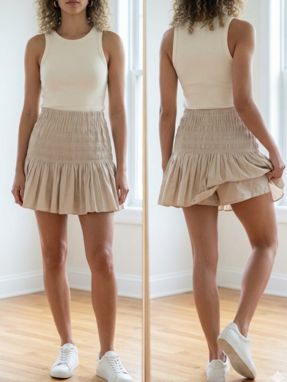 Zara Smocked Tiered Mini Skort XS Cream Beige Balloon HemZara cream beige tiered